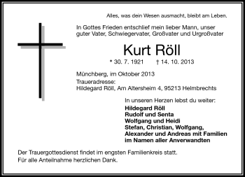 Traueranzeige von Kurt Röll von Frankenpost