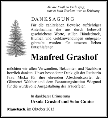 Traueranzeige von Manfred Grashof von Südthüringer Presse