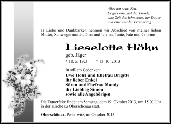 Traueranzeige von Lieselotte Höhn von Südthüringer Presse