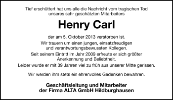 Traueranzeige von Henry Carl von Südthüringer Presse