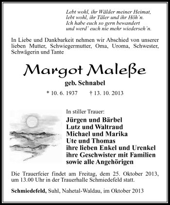 Traueranzeige von Margot Maleße von Südthüringer Presse