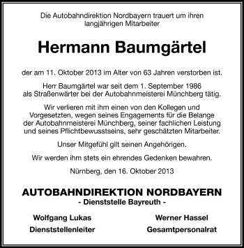 Traueranzeige von Hermann Baumgärtel von Frankenpost