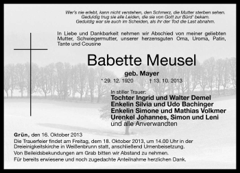 Traueranzeige von Babette Meusel von Neue Presse Coburg