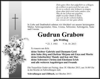 Traueranzeige von Gudrun Grabow von Südthüringer Presse