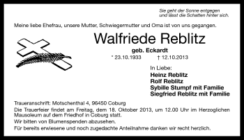 Traueranzeige von Walfriede Reblitz von Neue Presse Coburg