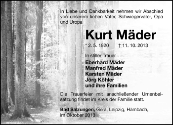 Traueranzeige von Kurt Mäder von Südthüringer Presse