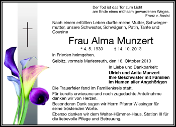 Traueranzeige von Alma Munzert von Frankenpost
