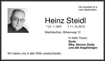 Traueranzeige von Heinz Steidl von Frankenpost