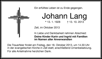 Traueranzeige von Johann Lang von Frankenpost