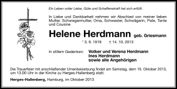 Traueranzeige von Helene Herdmann von Südthüringer Presse