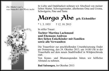 Traueranzeige von Marga Abe von Südthüringer Presse