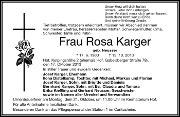 Traueranzeige von Rosa Karger von Frankenpost