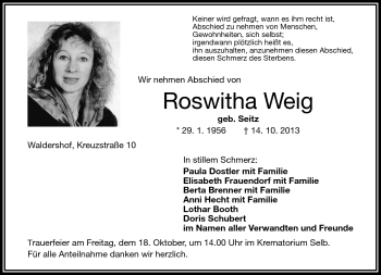 Traueranzeige von Roswitha Weig von Frankenpost