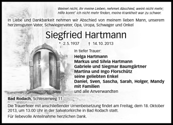 Traueranzeige von Siegfried Hartmann von Neue Presse Coburg