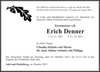 Traueranzeige von Erich Denner von Südthüringer Presse