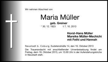 Traueranzeige von Maria Müller von Neue Presse Coburg
