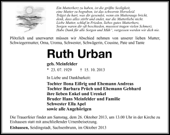 Traueranzeige von Ruth Urban von Südthüringer Presse