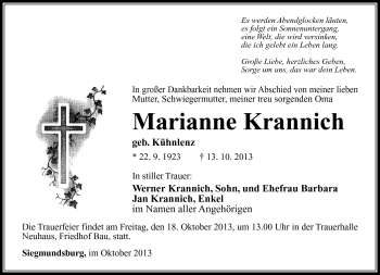 Traueranzeige von Marianne Krannich von Südthüringer Presse