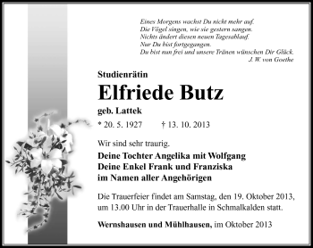 Traueranzeige von Elfriede Butz von Südthüringer Presse