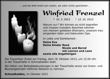 Traueranzeige von Winfried Frenzel von Südthüringer Presse