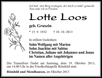 Traueranzeige von Lotte Loos von Südthüringer Presse
