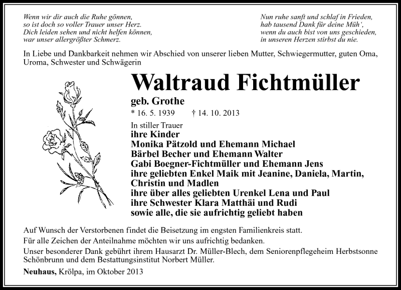  Traueranzeige für Waltraud Fichtmüller vom 16.10.2013 aus Südthüringer Presse