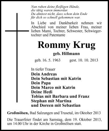 Traueranzeige von Rommy Krug von Südthüringer Presse