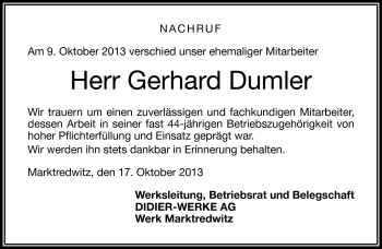 Traueranzeige von Gerhard Dumler von Frankenpost