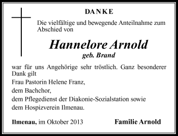 Traueranzeige von Hannelore Arnold von Südthüringer Presse