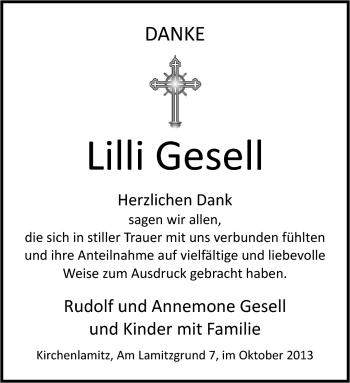 Traueranzeige von Lilli Gesell von Frankenpost