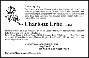 Traueranzeige von Charlotte Erbe von Südthüringer Presse