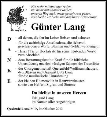 Traueranzeige von Günter Lang von Südthüringer Presse