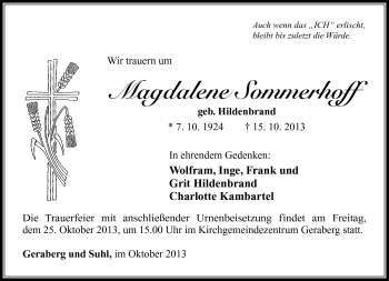Traueranzeige von Magdalene Sommerhoff von Südthüringer Presse