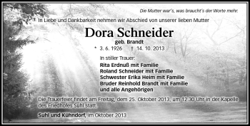 Traueranzeige von Dora Schneider von Südthüringer Presse