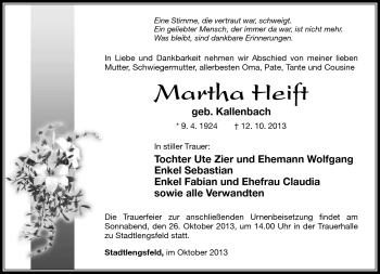 Traueranzeige von Martha Heift von Südthüringer Presse