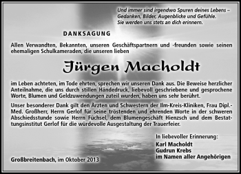 Traueranzeige von Jürgen Macholdt von Südthüringer Presse