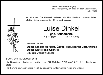 Traueranzeige von Luise Dinkel von Neue Presse Coburg