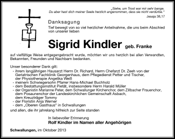 Traueranzeige von Sigrid Kindler von Südthüringer Presse
