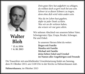 Traueranzeige von Walter Bloh von Südthüringer Presse