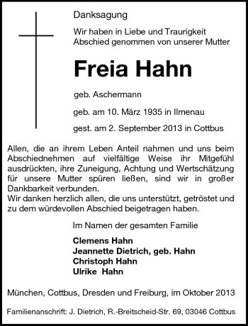 Traueranzeige von Freia Hahn von Südthüringer Presse