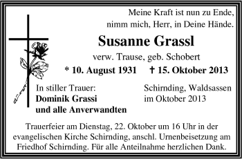 Traueranzeige von Susanne Grassl von Frankenpost