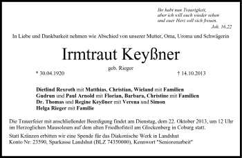 Traueranzeige von Irmtraut Keyßner von Neue Presse Coburg