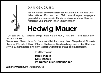 Traueranzeige von Hedwig Mauer von Südthüringer Presse