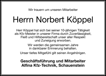 Traueranzeige von Norbert Köppel von Frankenpost