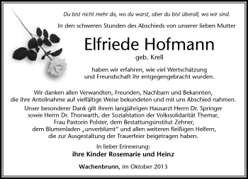 Traueranzeige von Elfriede Hofmann von Südthüringer Presse