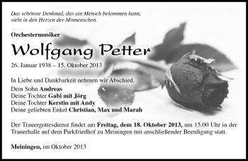 Traueranzeige von Wolfgang Petter von Südthüringer Presse