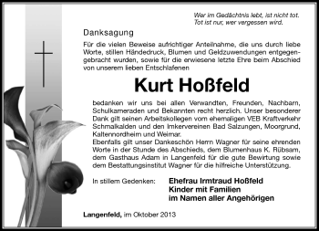 Traueranzeige von Kurt Hoßfeld von Südthüringer Presse