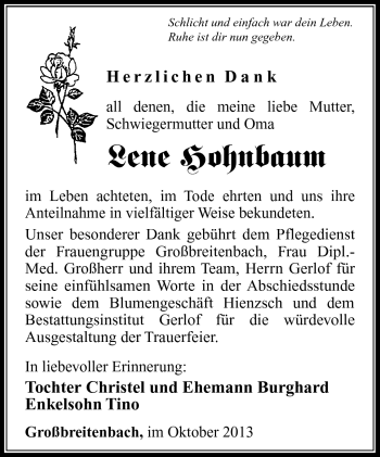 Traueranzeige von Lene Hohnbaum von Südthüringer Presse