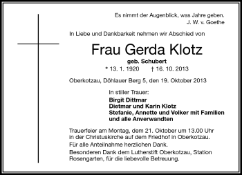 Traueranzeige von Gerda Klotz von Frankenpost