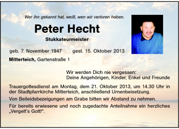 Traueranzeige von Peter Hecht von Frankenpost
